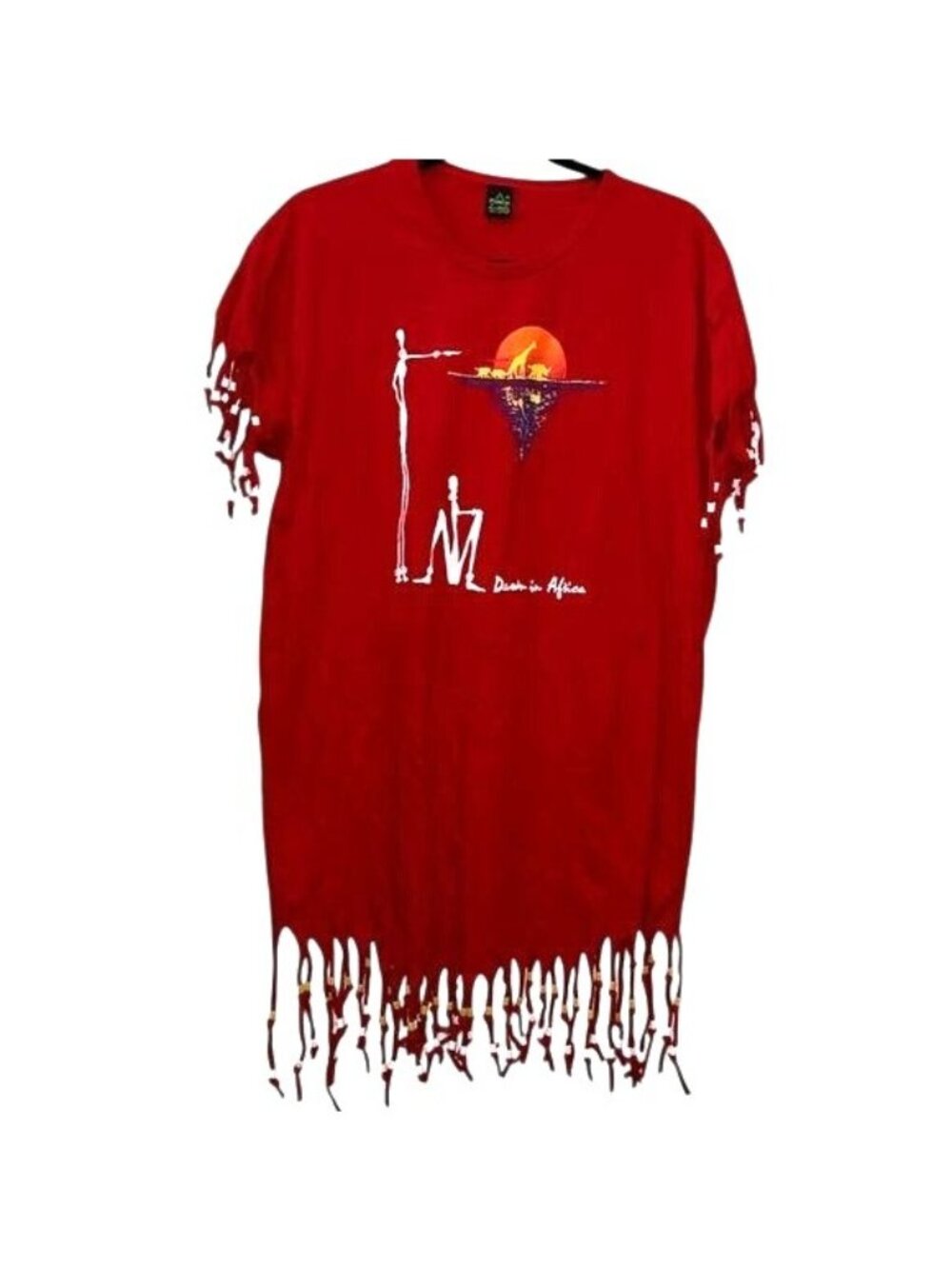 Red Fringe Hem T-Shirt By Punch With Dawn In Africa Graphic Design 100% Cotton F
